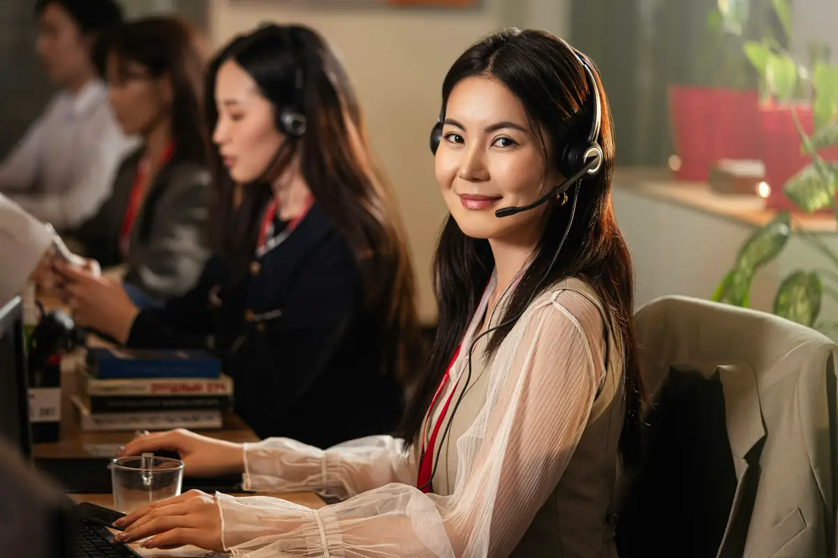 Een vrouw met een headset werkt achter een computer in een kantoor met meerdere werkplekken